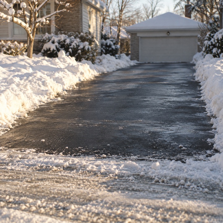 Cleared residential driveway bordered by snow